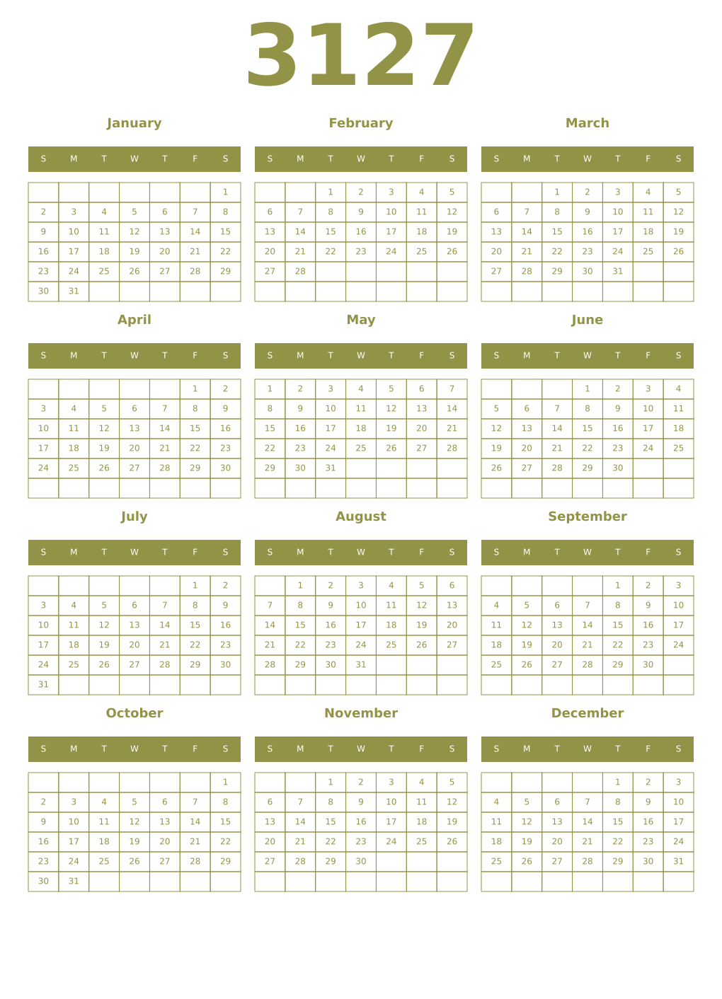 Printable 3127 Year Calendars eburnean