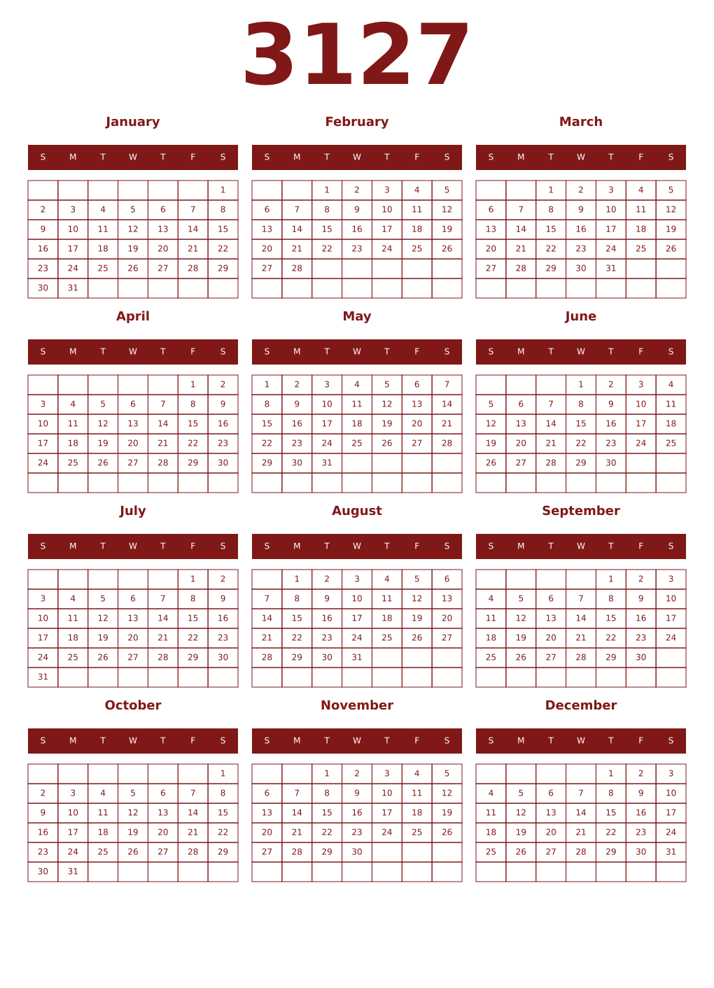 Printable 3127 Year Calendars falu