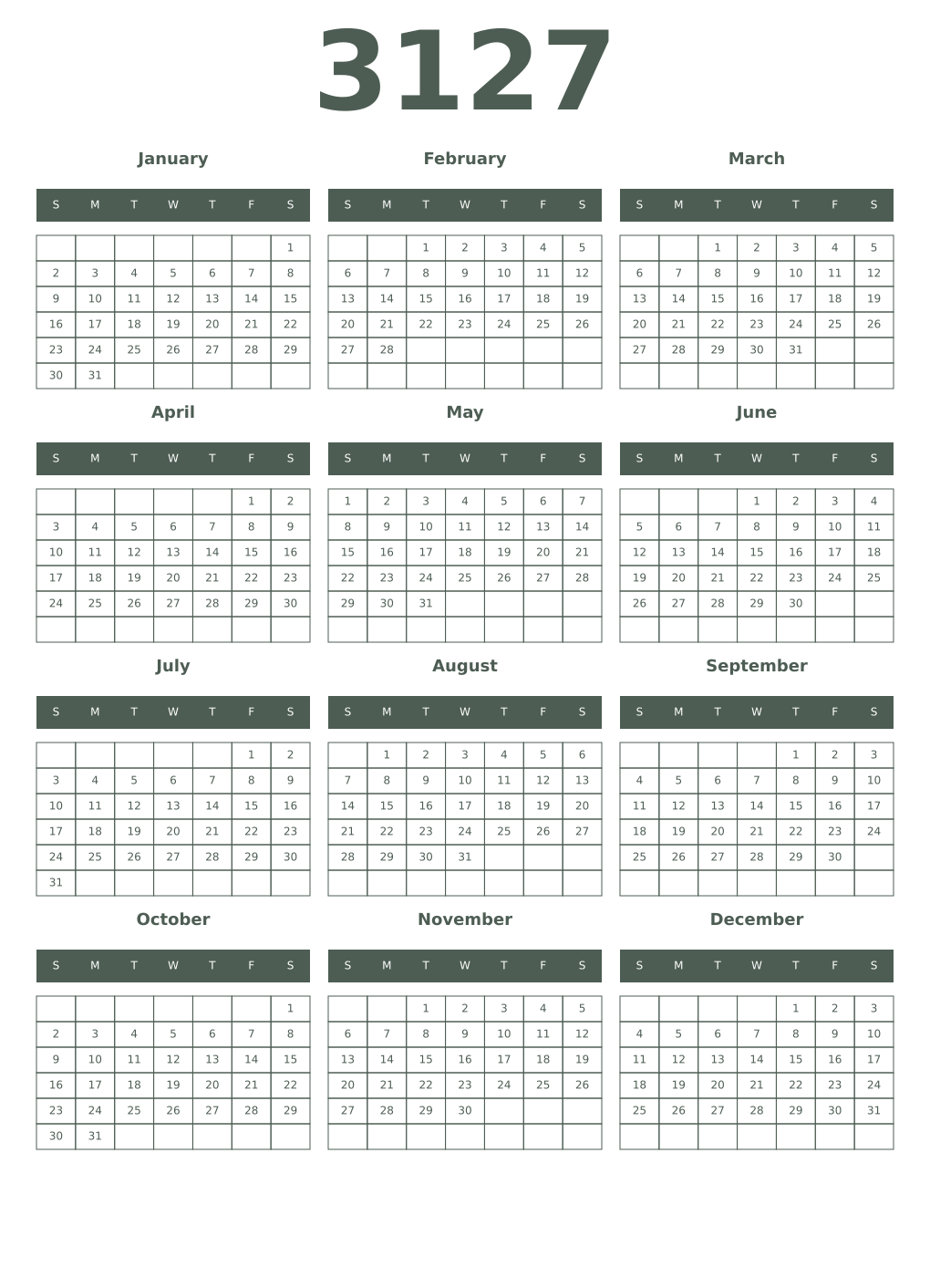 Printable 3127 Year Calendars feldgrau