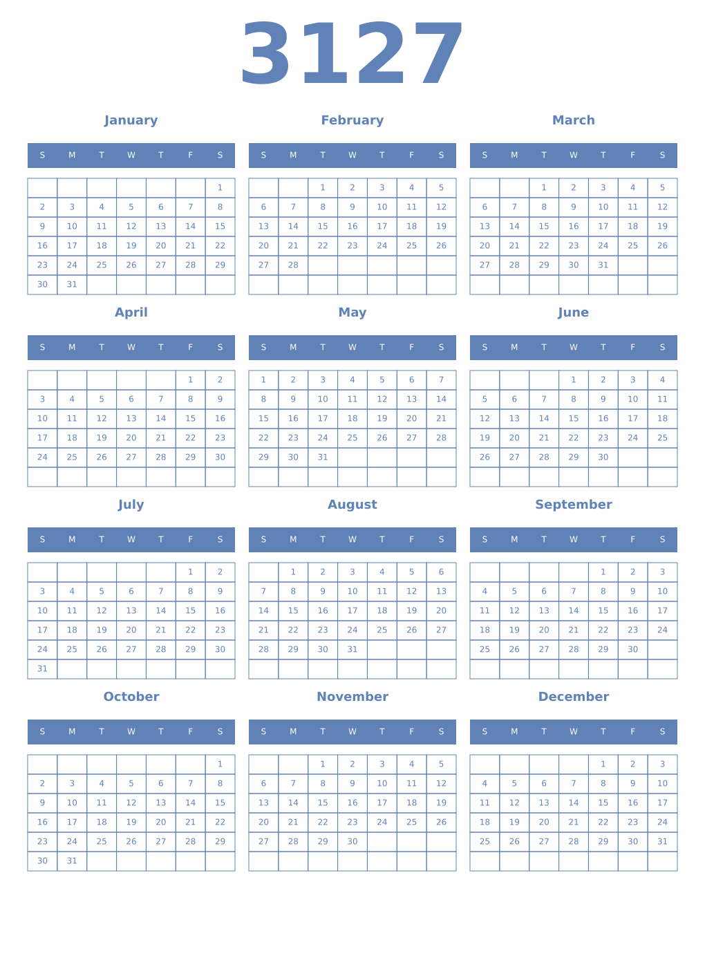 Printable 3127 Year Calendars glaucous