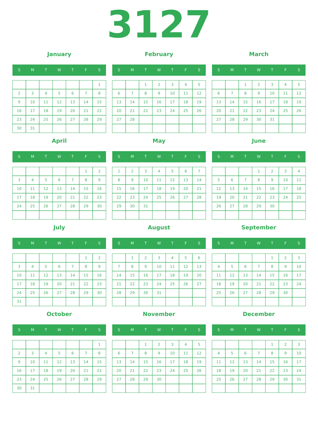 Printable 3127 Year Calendars green