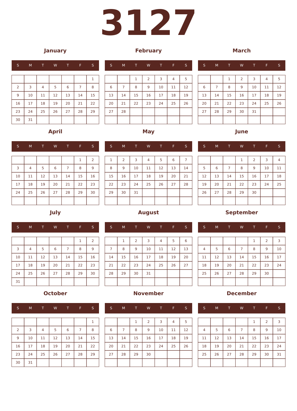 Printable 3127 Year Calendars mortuum