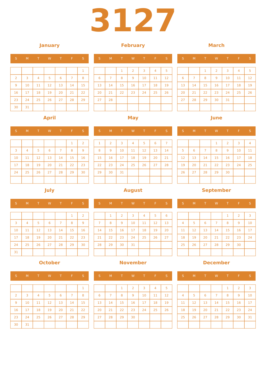 Printable 3127 Year Calendars orange