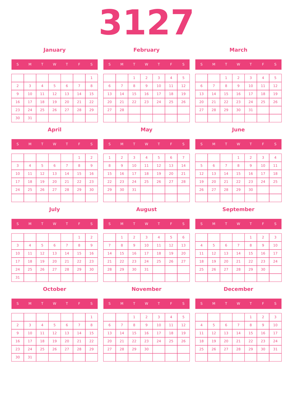 Printable 3127 Year Calendars pink