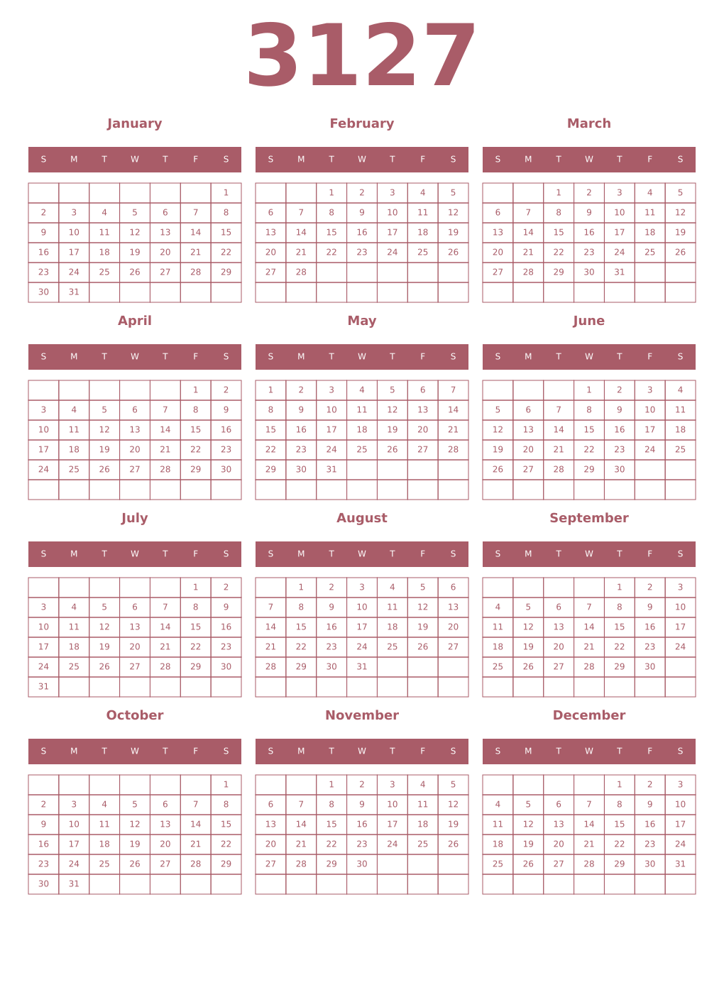 Printable 3127 Year Calendars puce