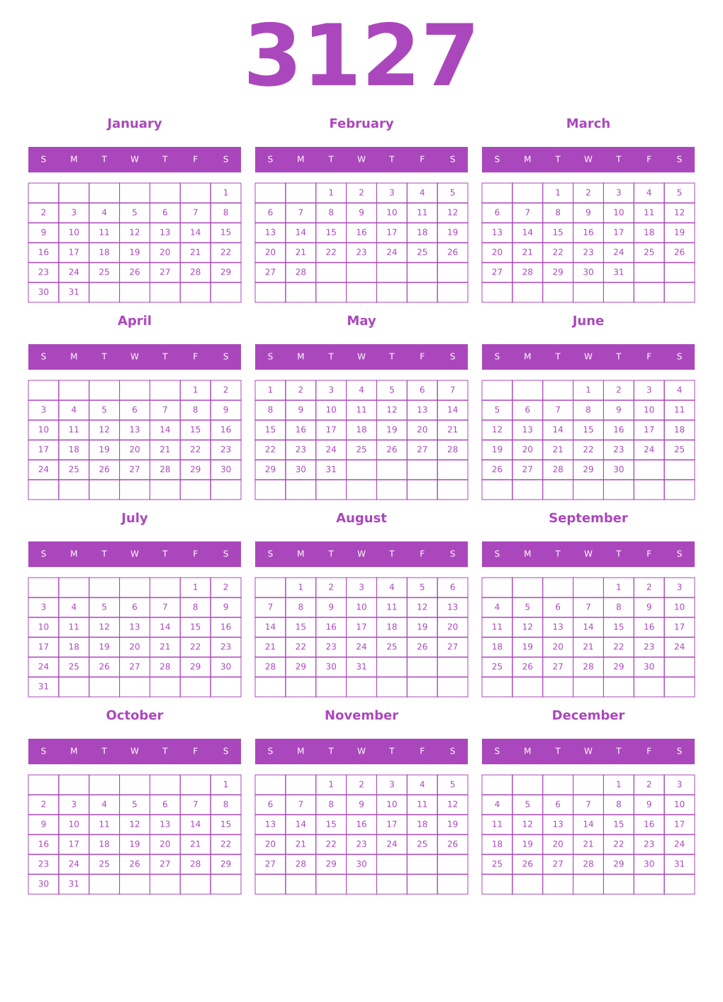 Printable 3127 Year Calendars purple