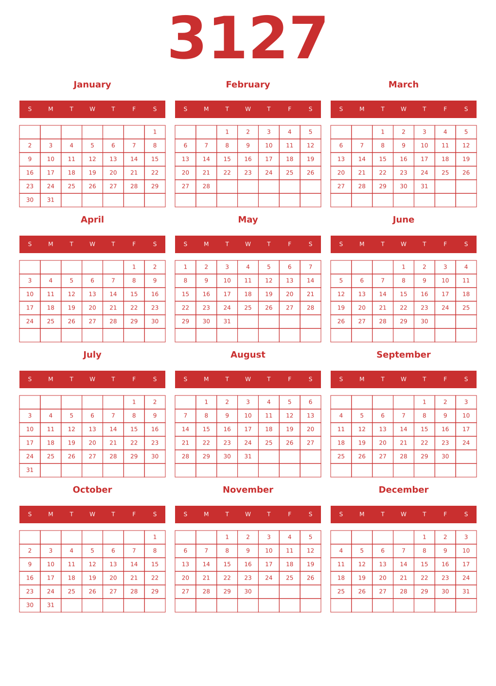 Printable 3127 Year Calendars red