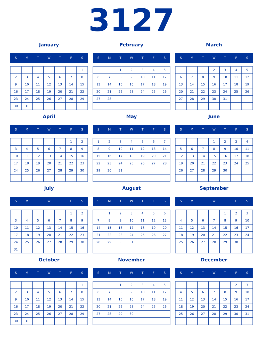 Printable 3127 Year Calendars smalt