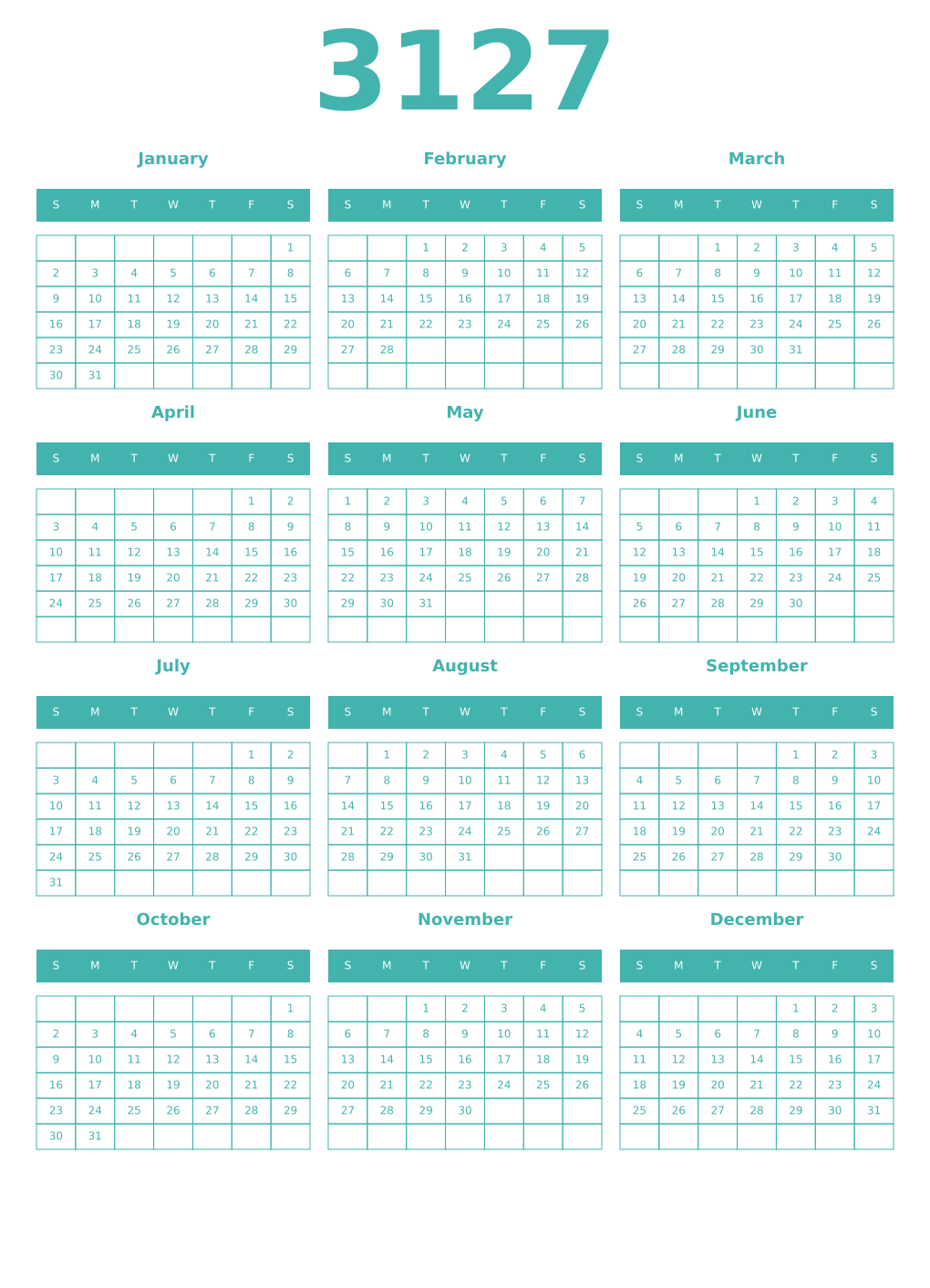 Printable 3127 Year Calendars verdigris