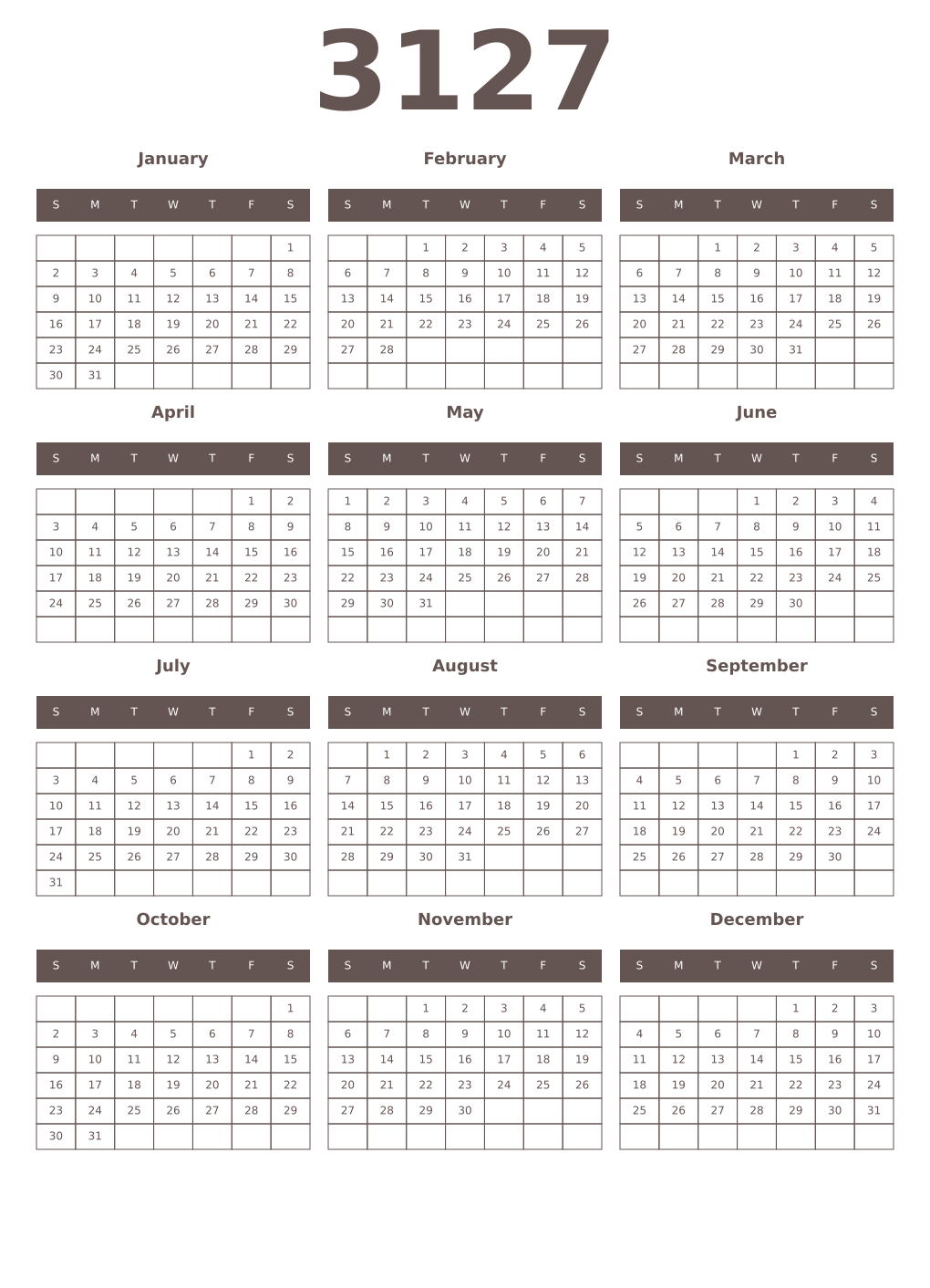 Printable 3127 Year Calendars wenge