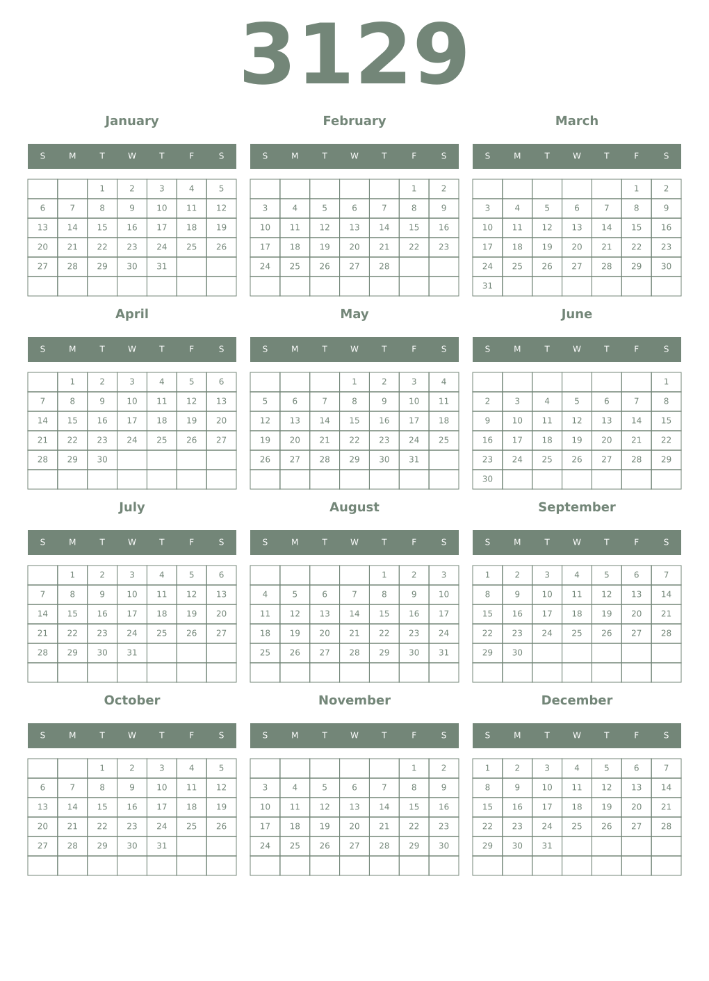Printable 3129 Year Calendars xanadu