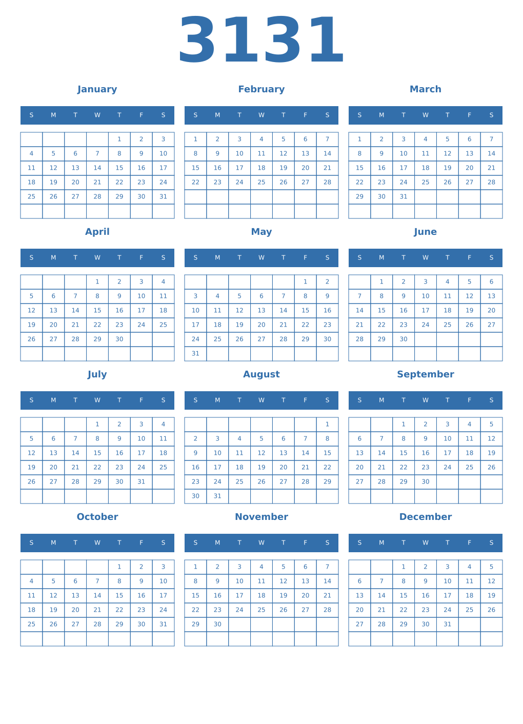 Printable 3131 Year Calendars blue