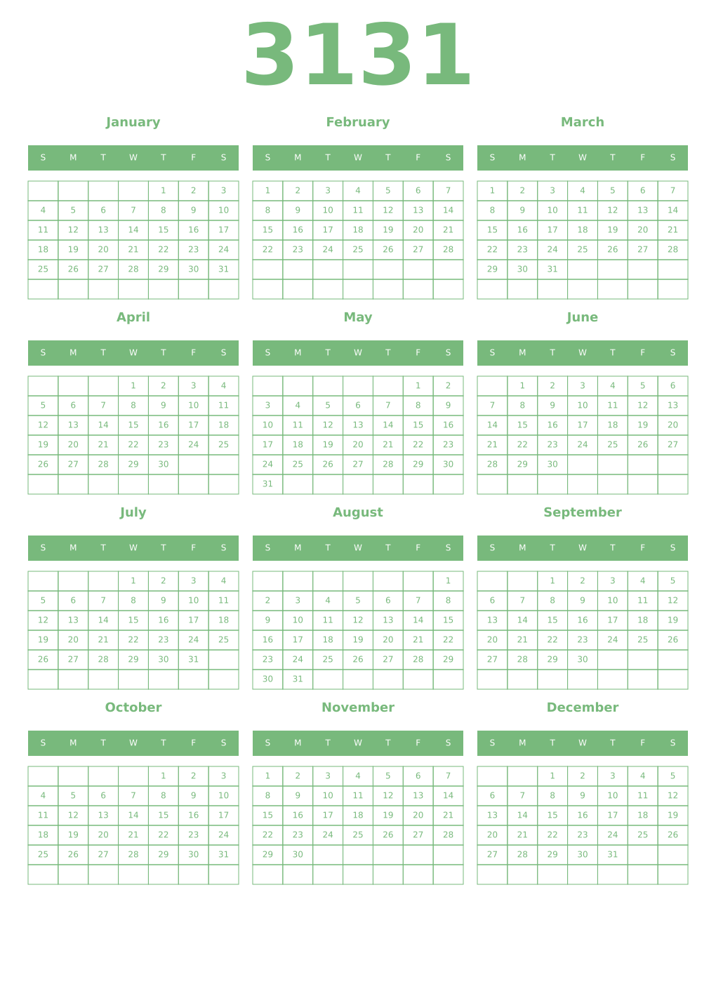 Printable 3131 Year Calendars celadon