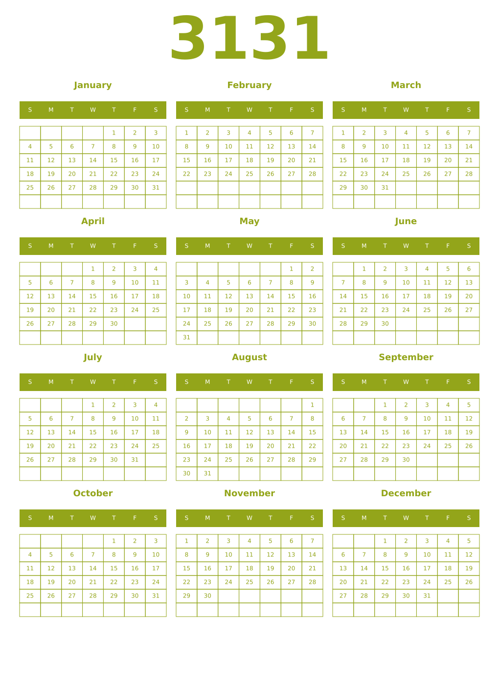Printable 3131 Year Calendars chartreuse