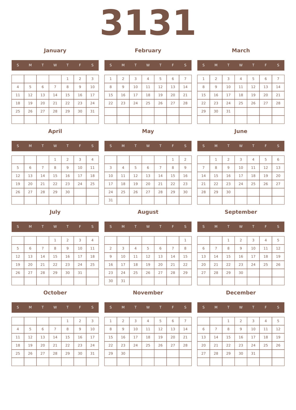 Printable 3131 Year Calendars coffe