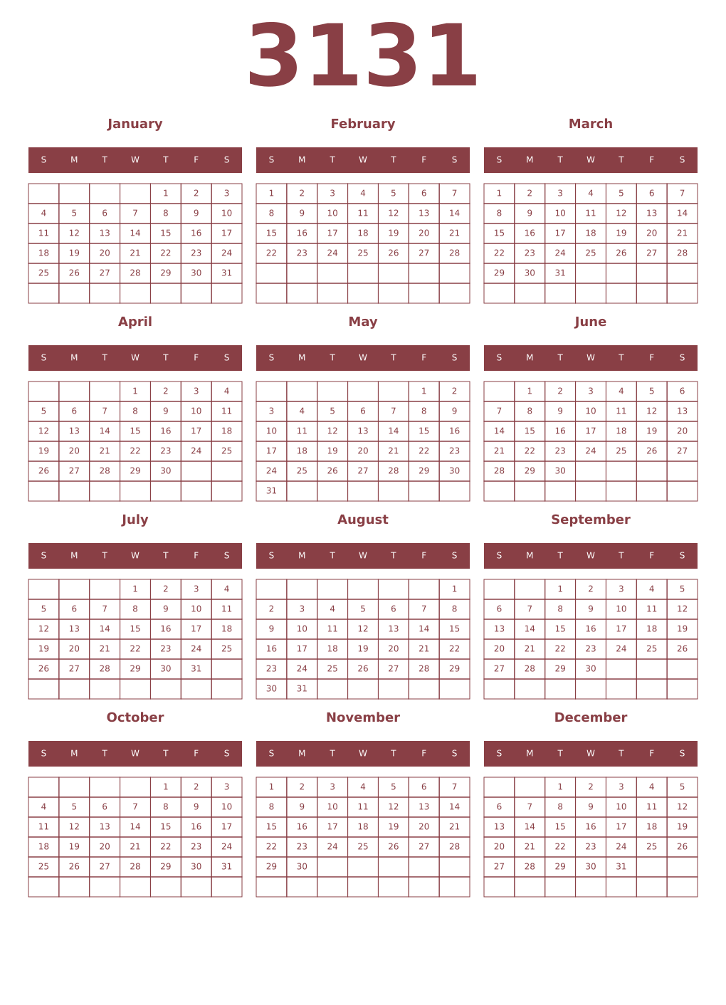 Printable 3131 Year Calendars cordovan