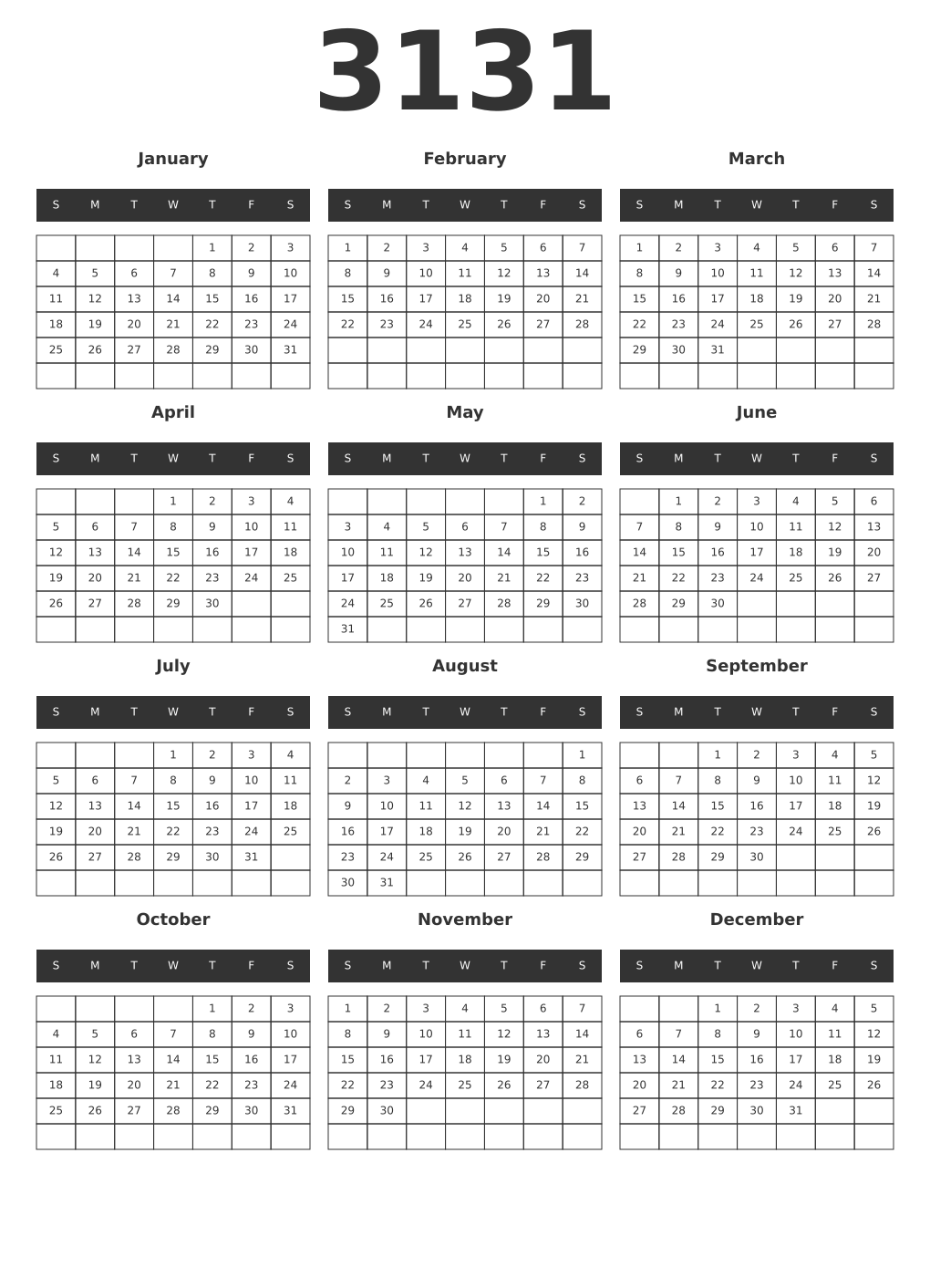 Printable 3131 Year Calendars dark
