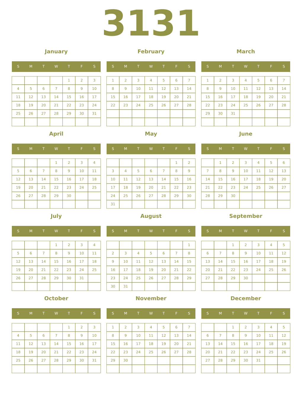 Printable 3131 Year Calendars eburnean