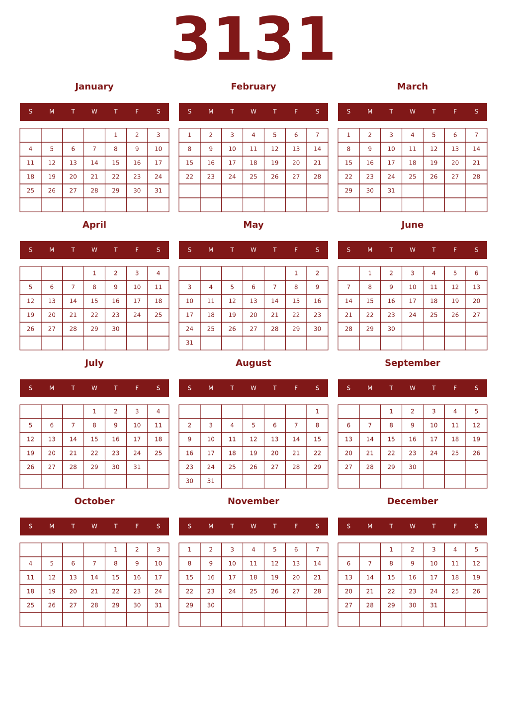 Printable 3131 Year Calendars falu