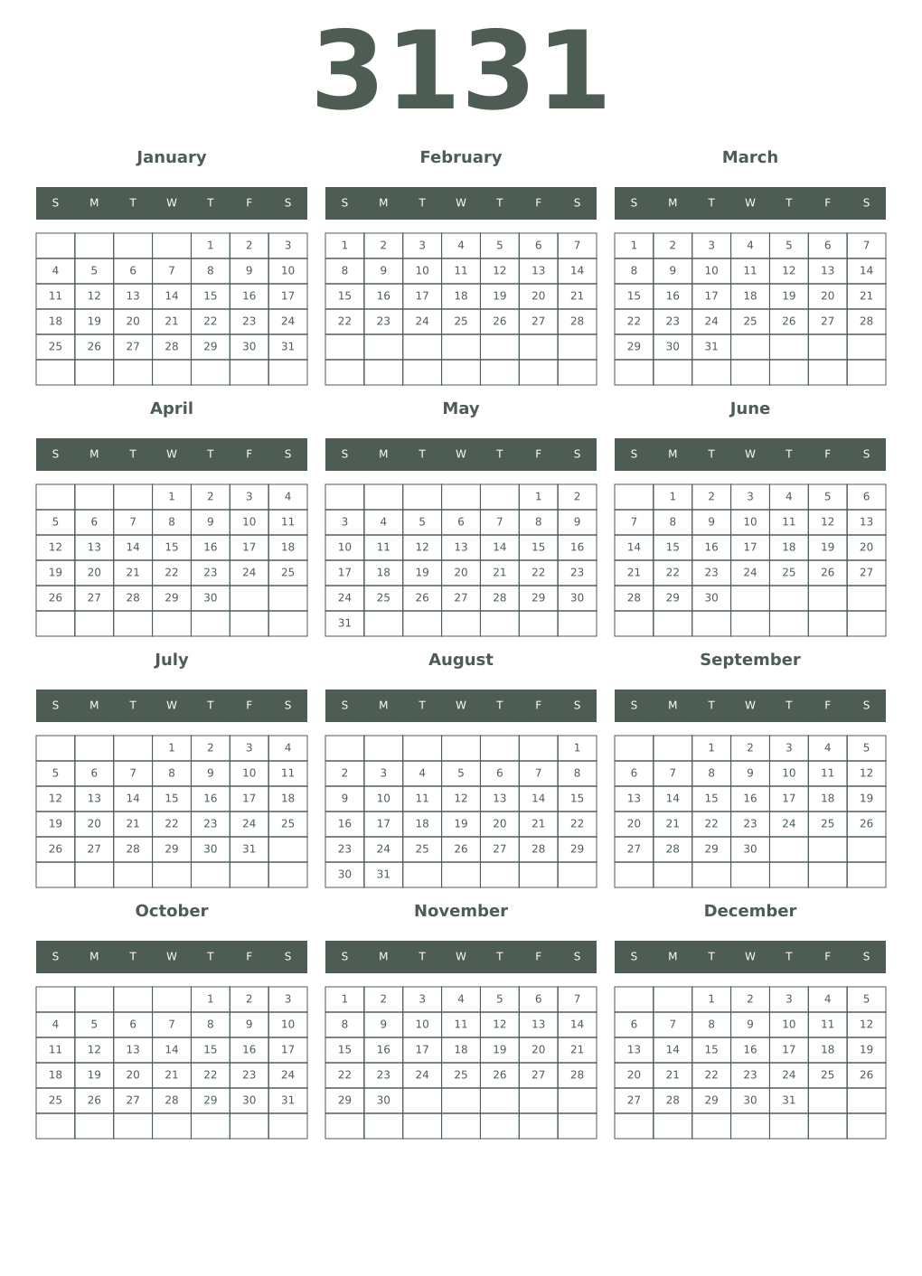 Printable 3131 Year Calendars feldgrau