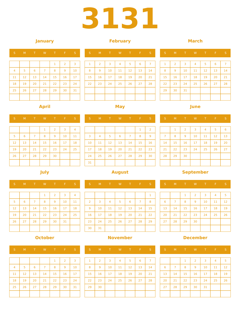 Printable 3131 Year Calendars gamboge