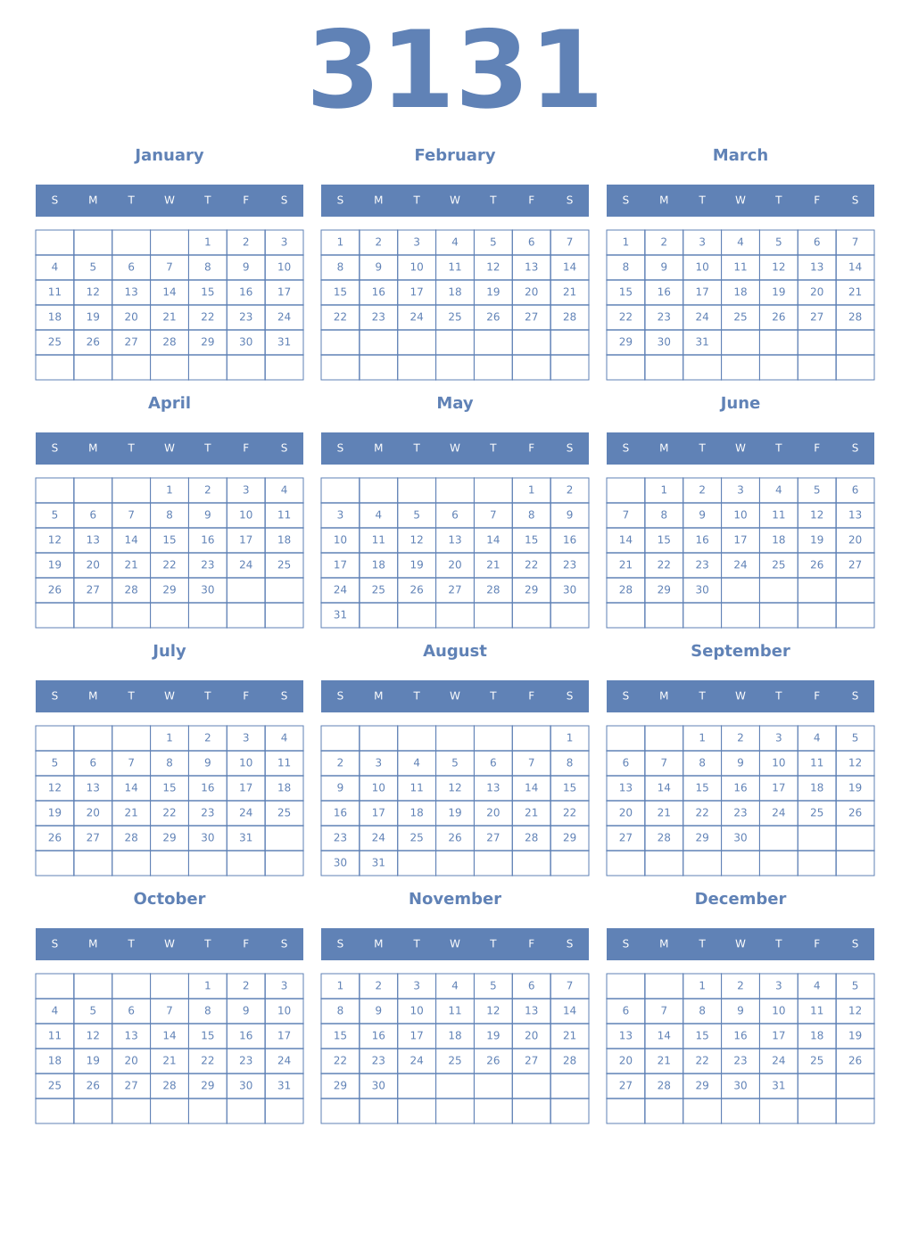 Printable 3131 Year Calendars glaucous