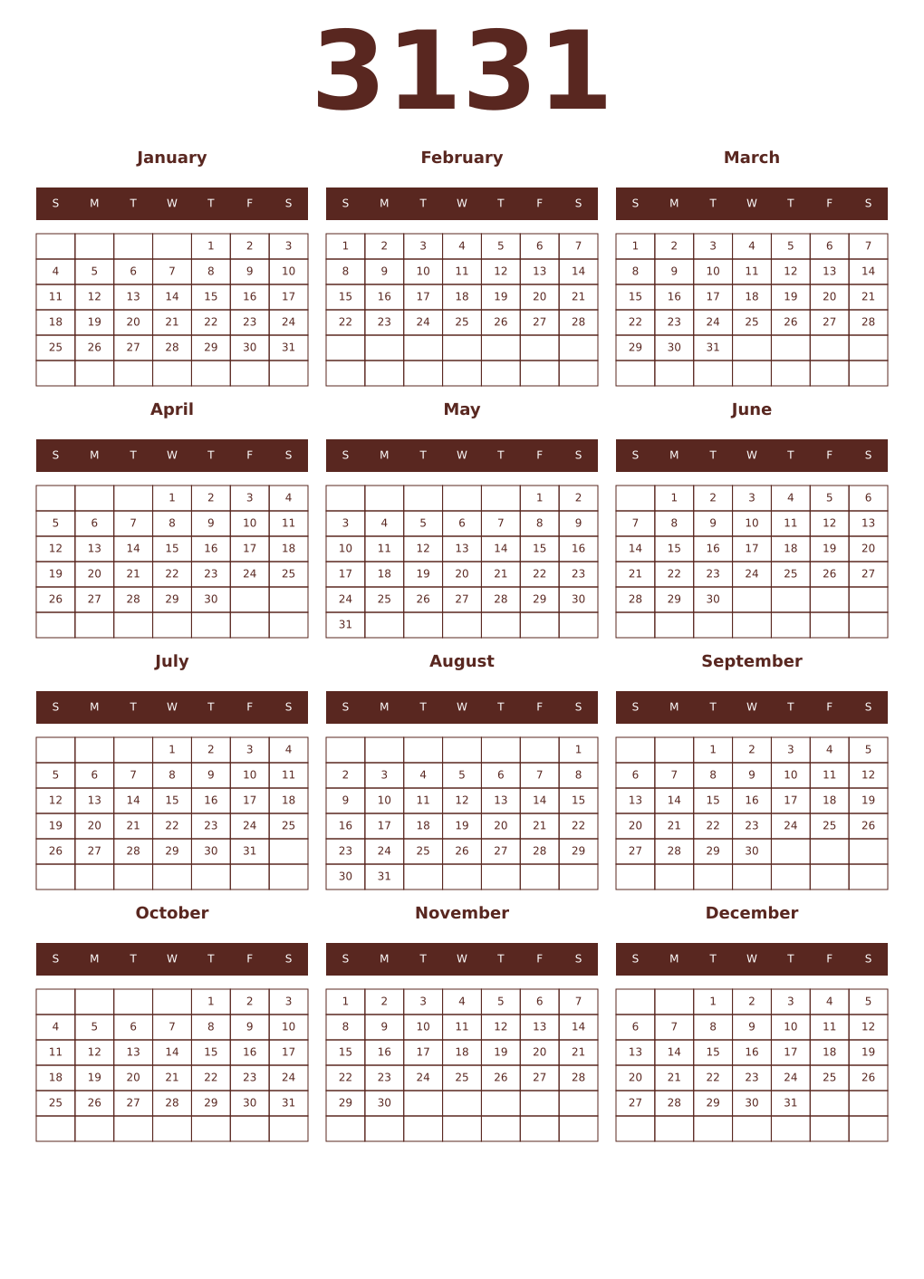 Printable 3131 Year Calendars mortuum