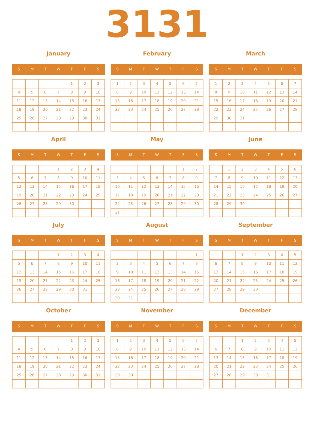 Printable 3131 Year Calendars orange