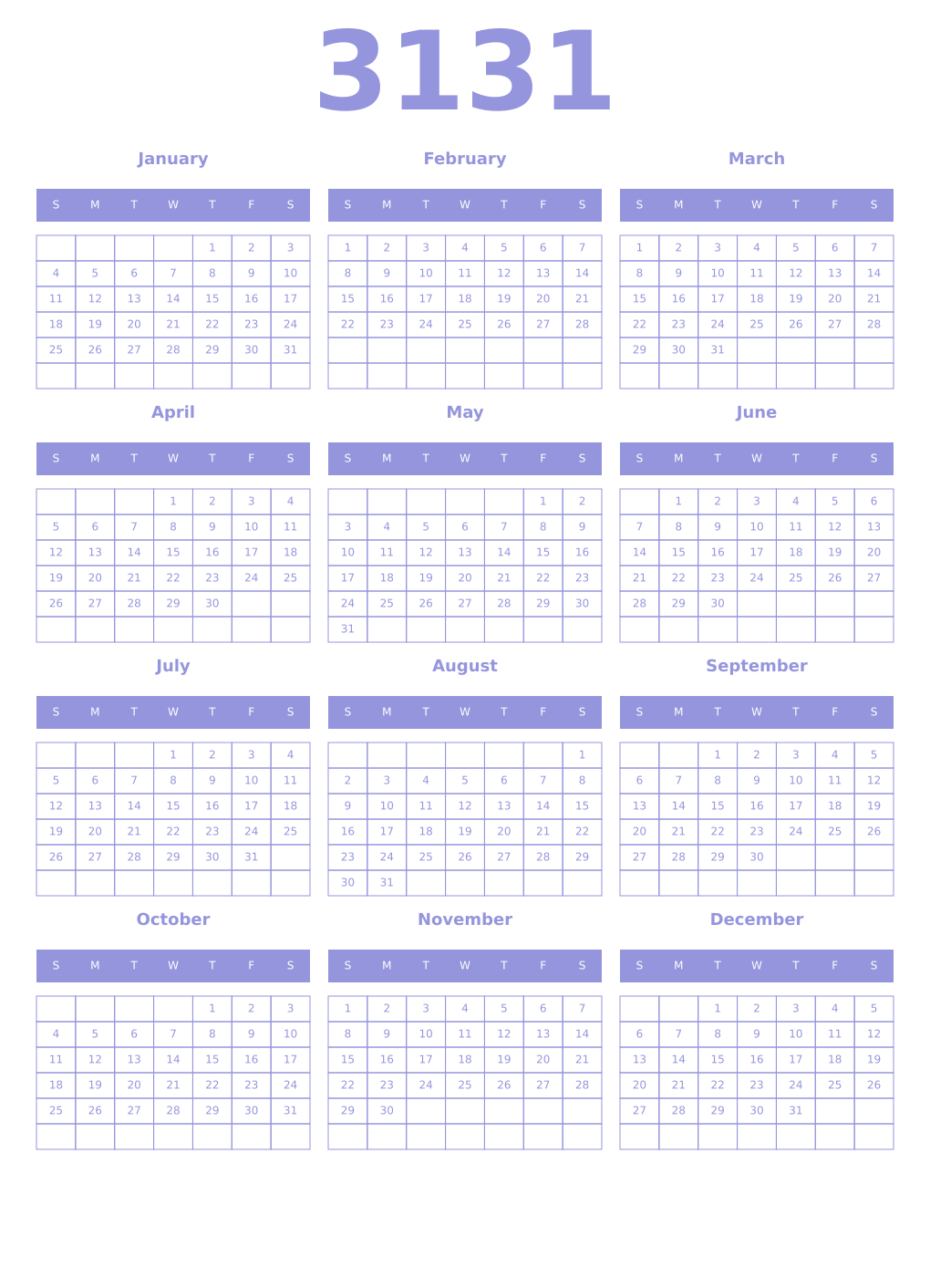 Printable 3131 Year Calendars periwinkle