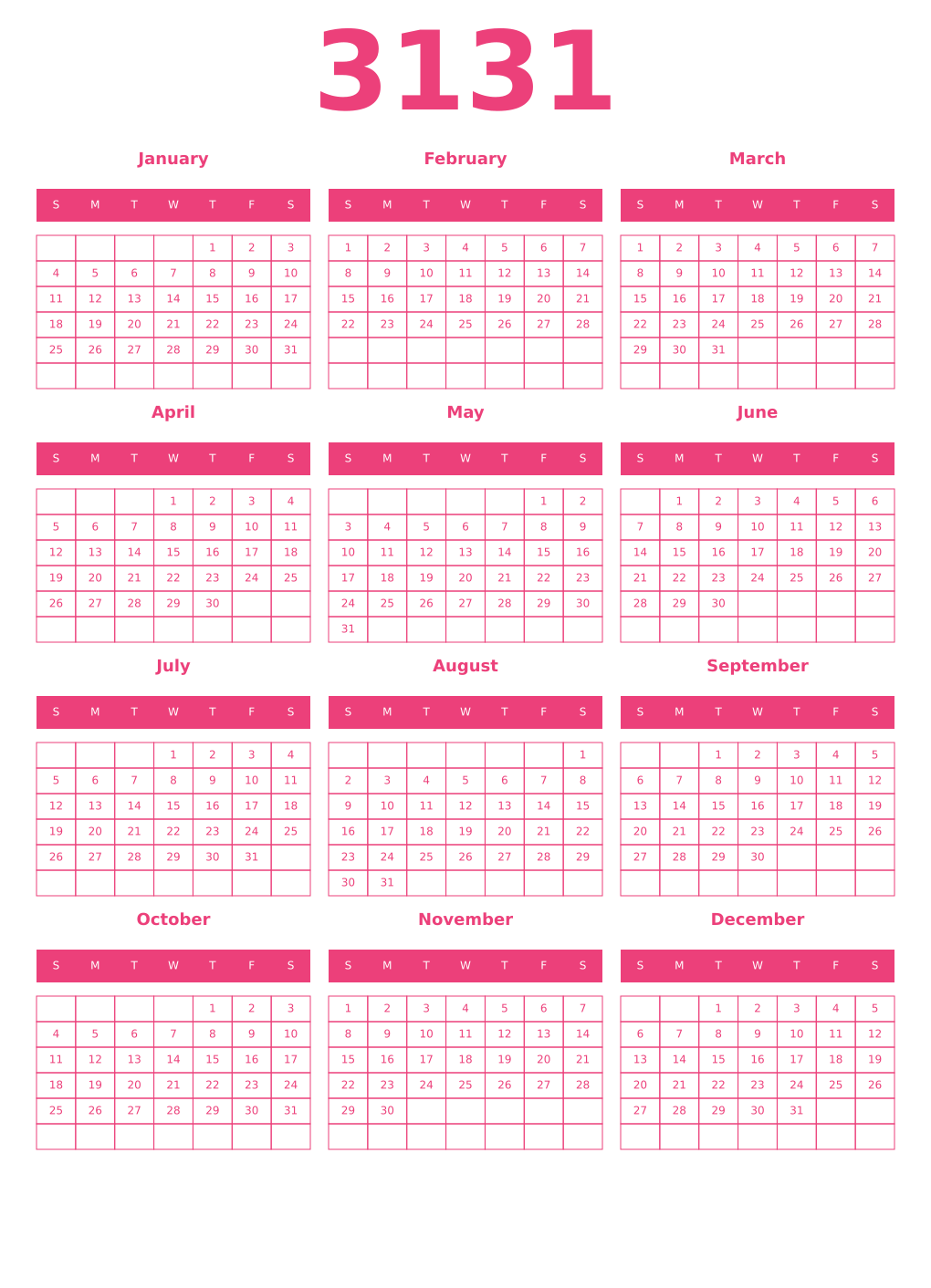 Printable 3131 Year Calendars pink