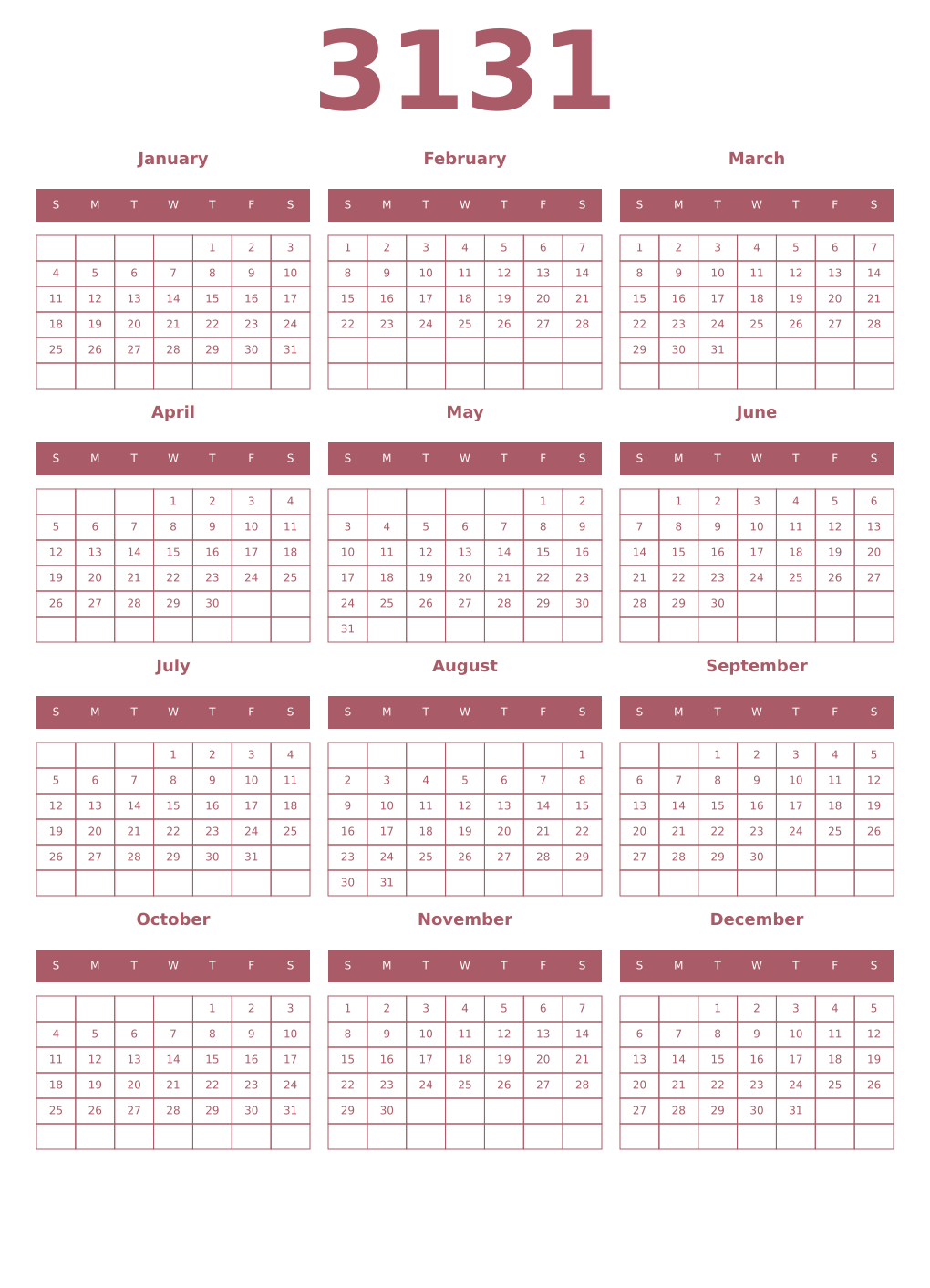 Printable 3131 Year Calendars puce