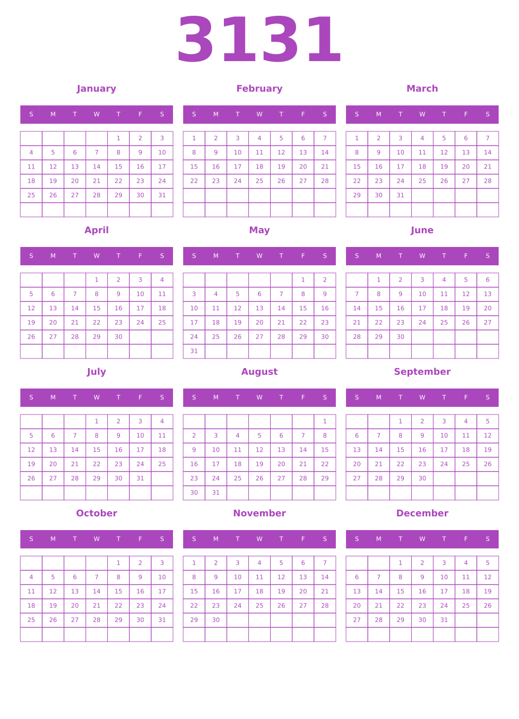 Printable 3131 Year Calendars purple