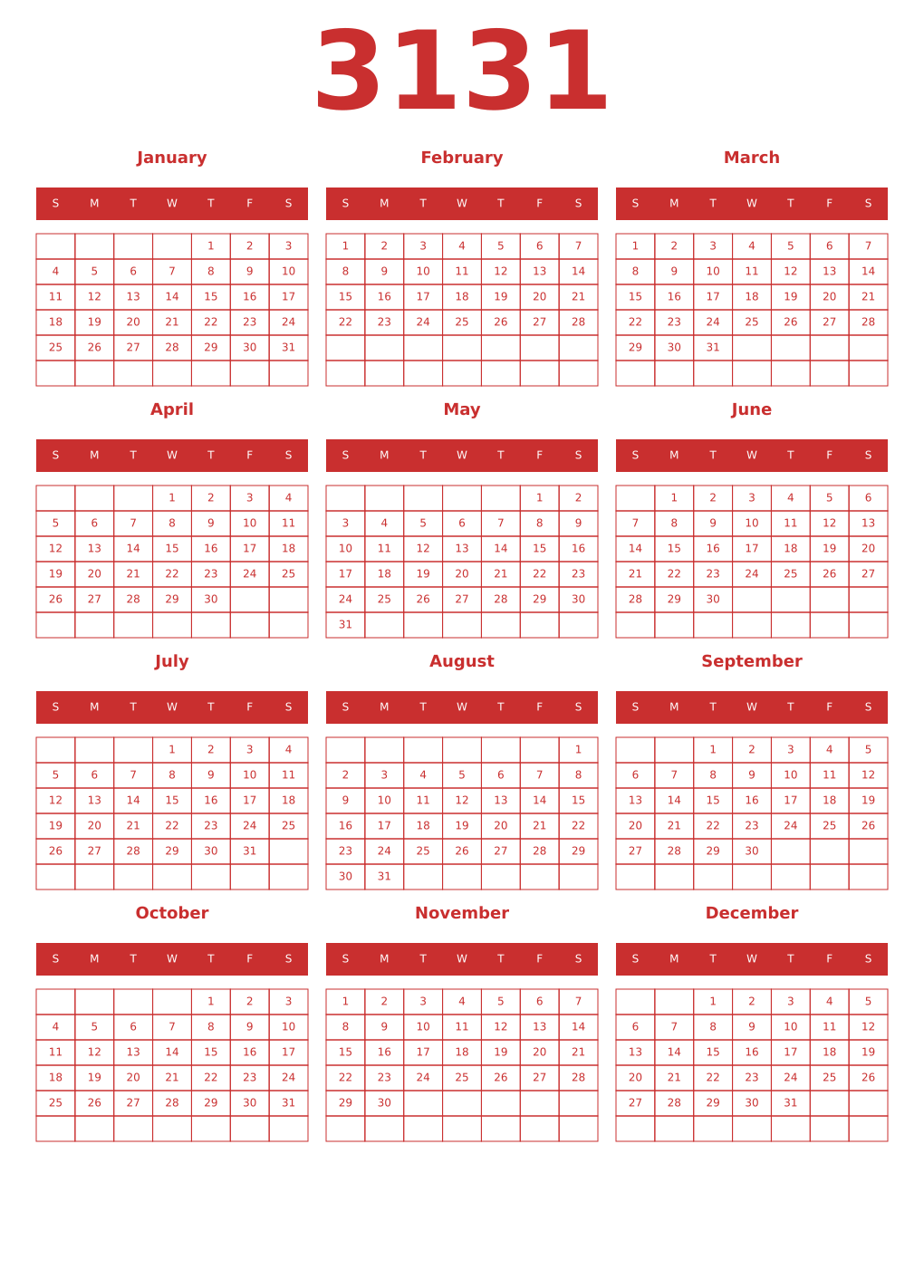 Printable 3131 Year Calendars red