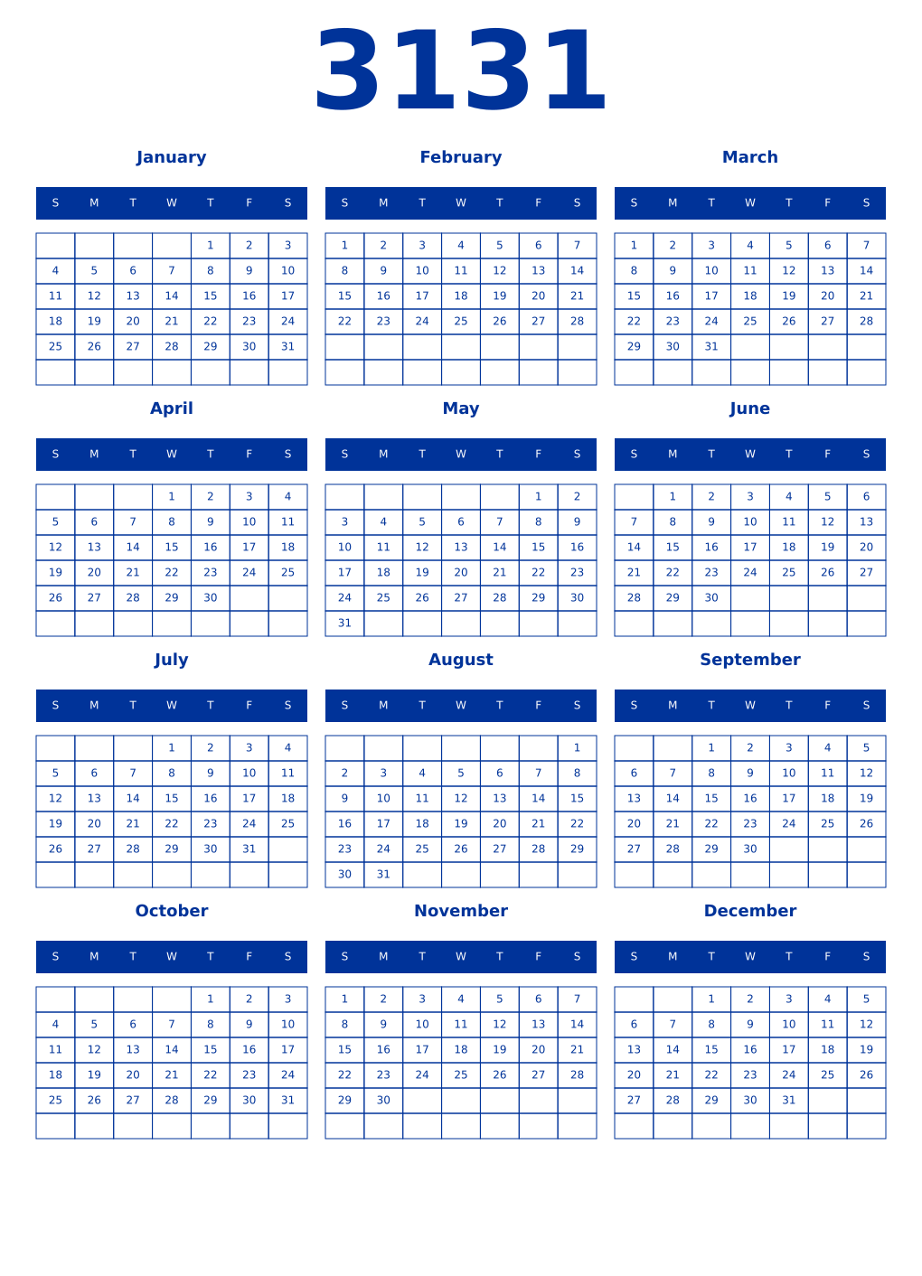 Printable 3131 Year Calendars smalt