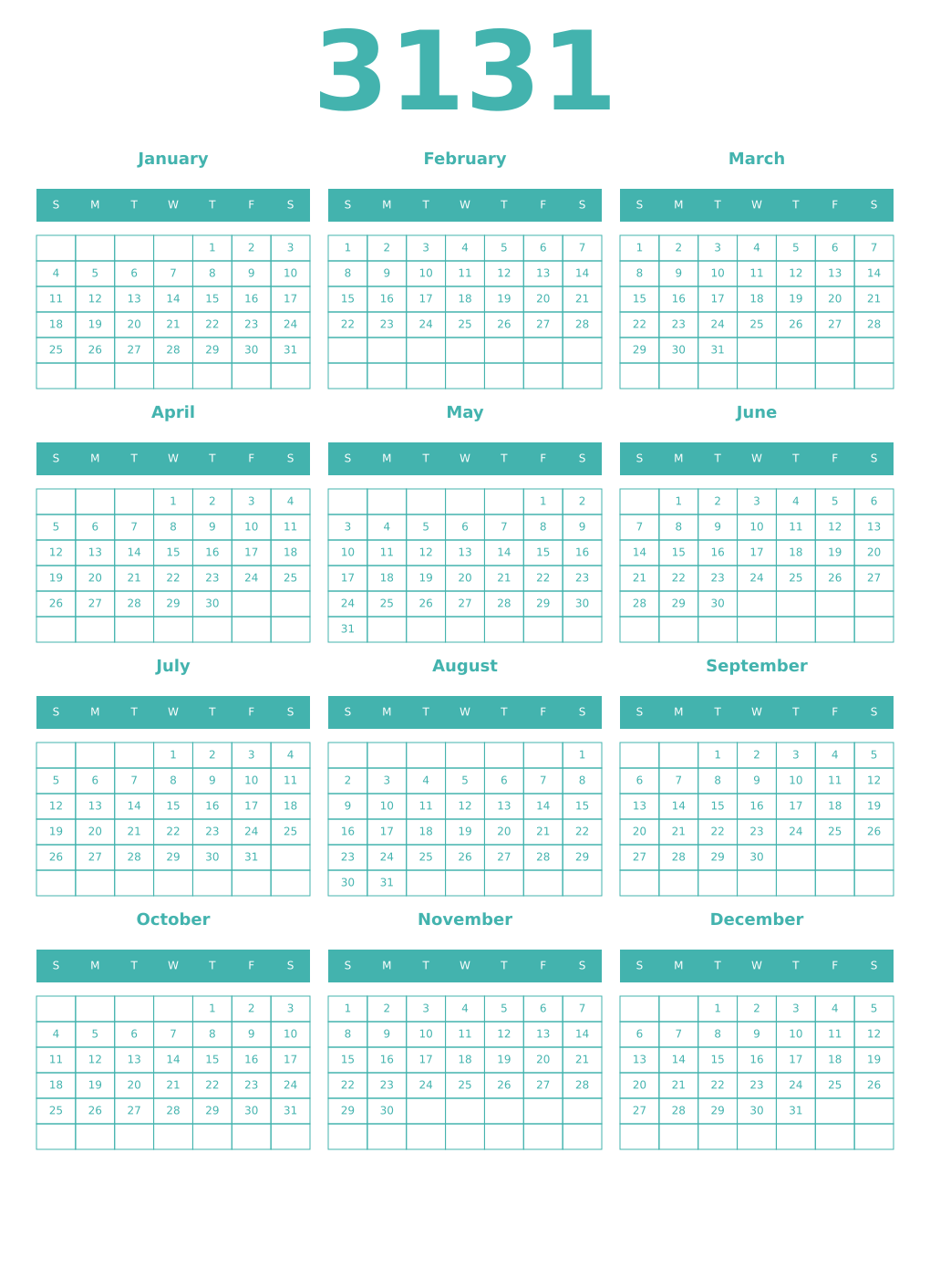 Printable 3131 Year Calendars verdigris