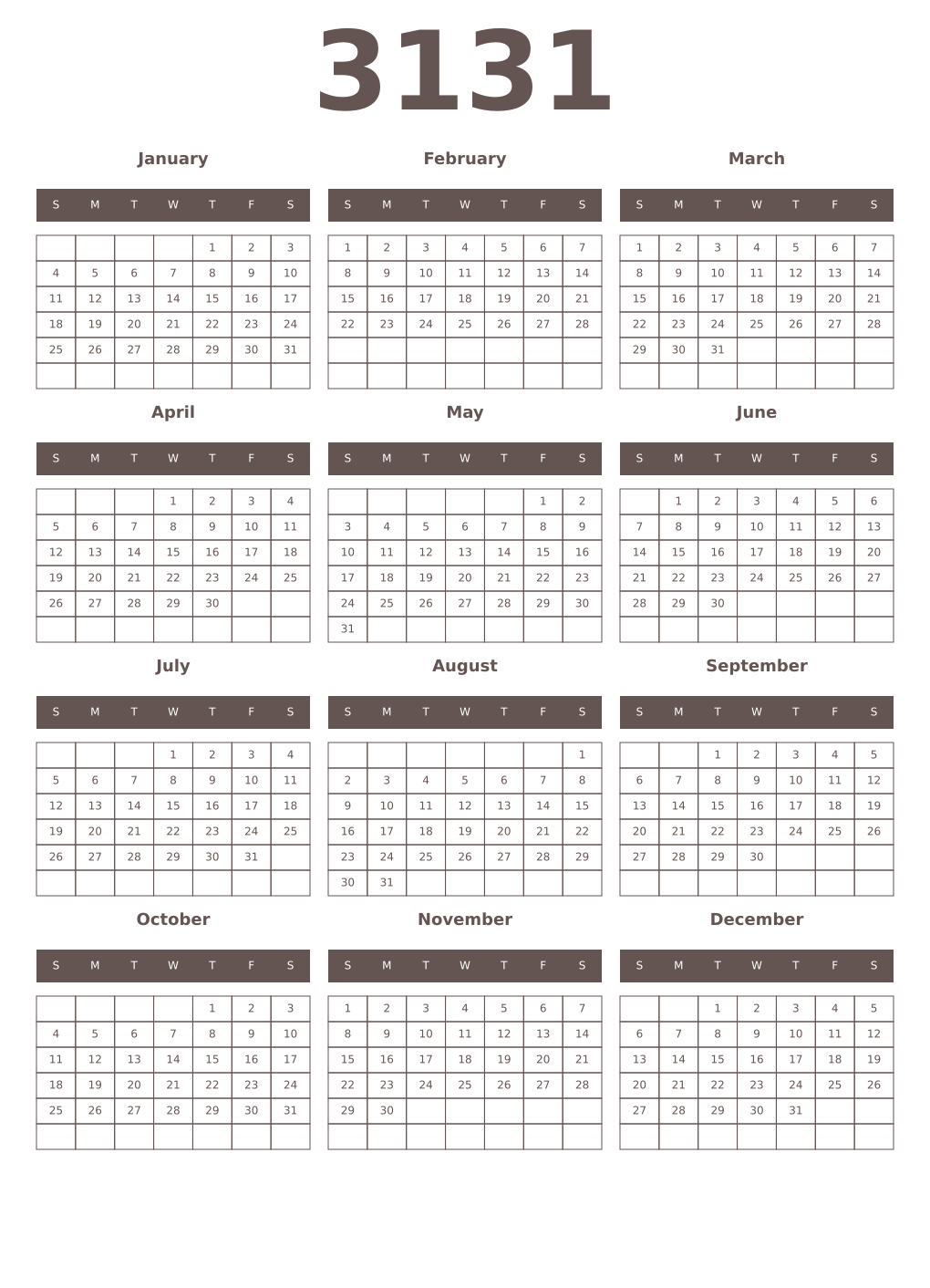 Printable 3131 Year Calendars wenge