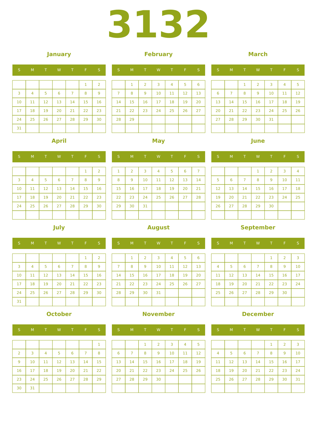 Printable 3132 Year Calendars chartreuse