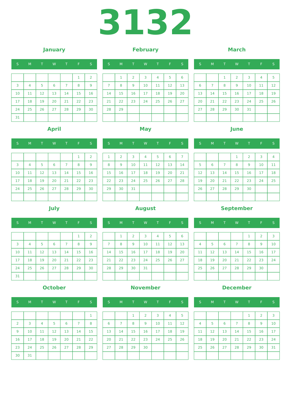 Printable 3132 Year Calendars green