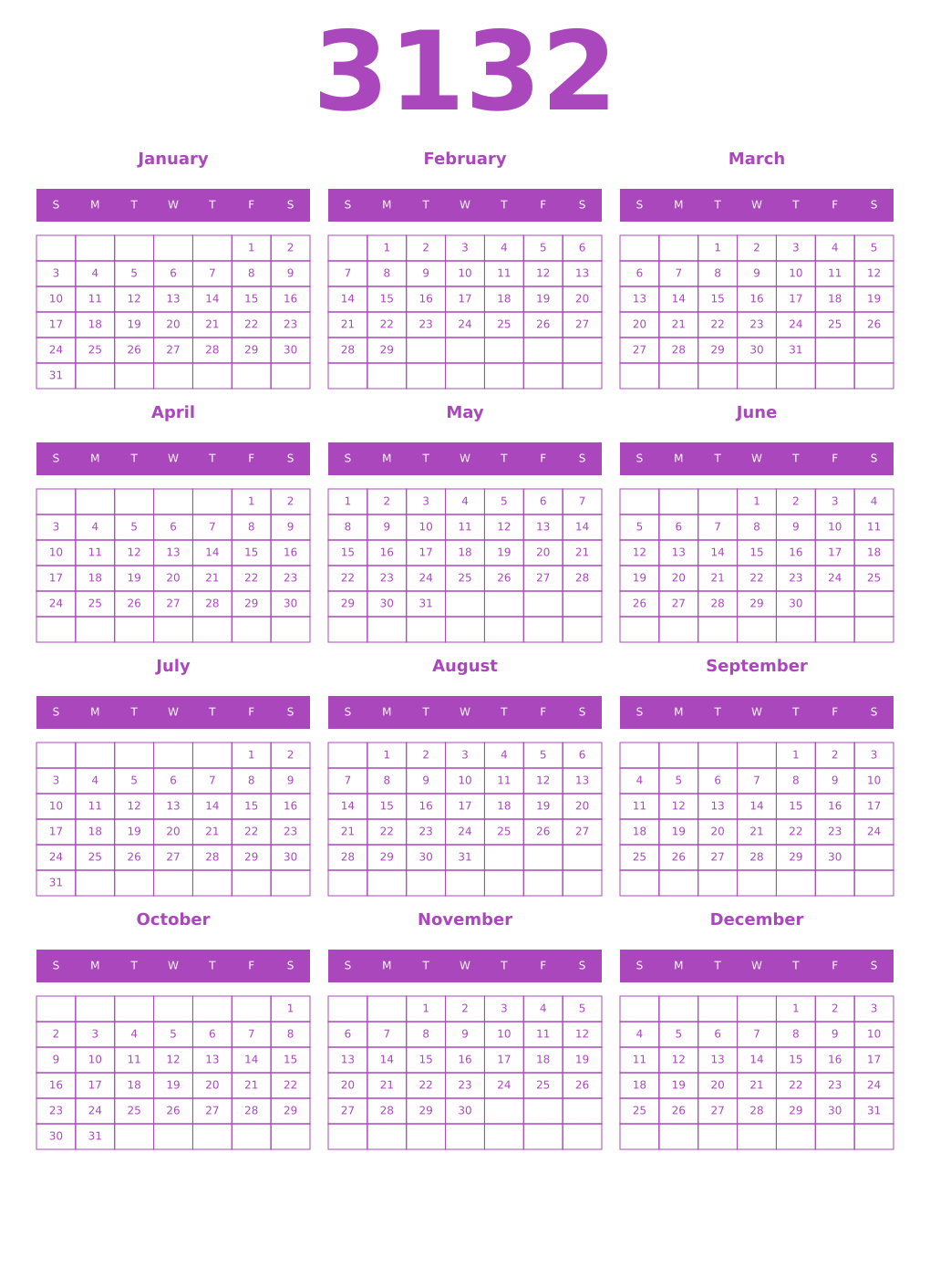 Printable 3132 Year Calendars purple