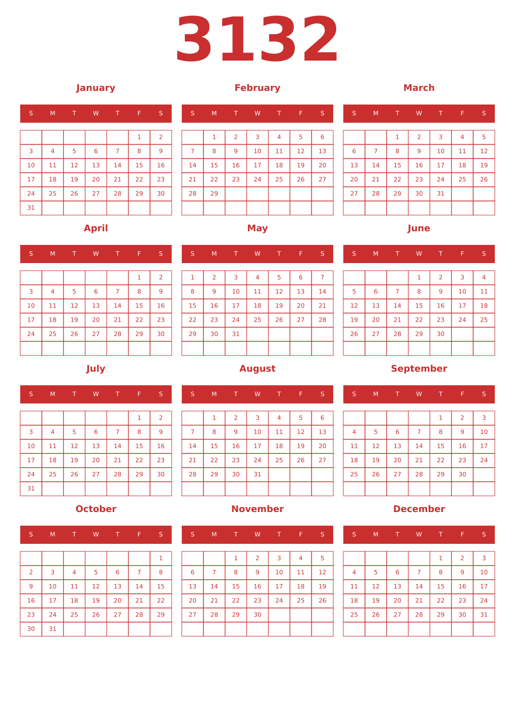 Printable 3132 Year Calendars red