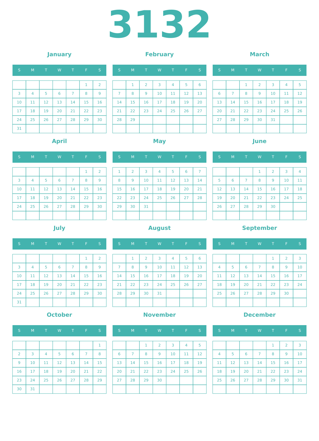 Printable 3132 Year Calendars verdigris