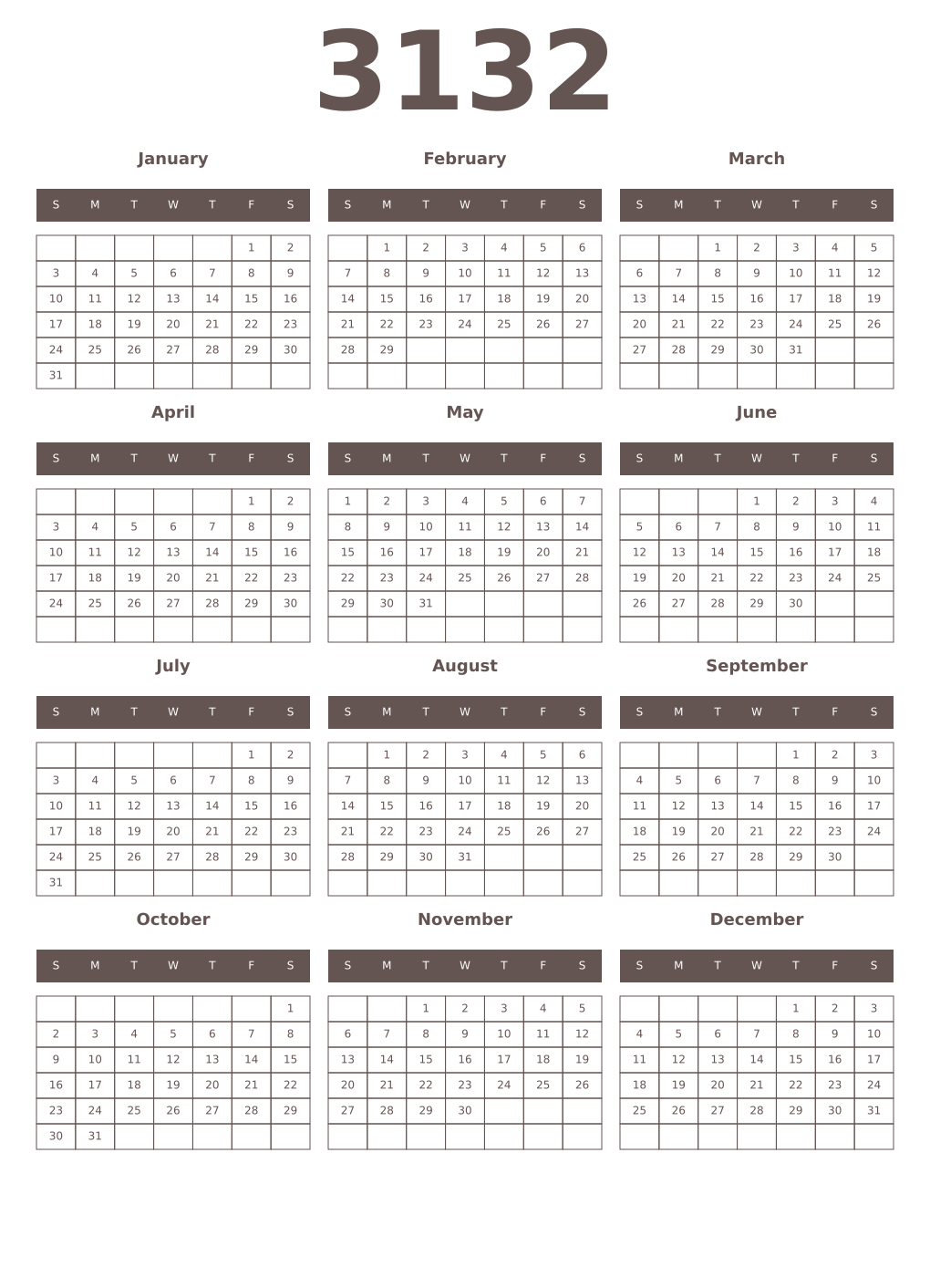 Printable 3132 Year Calendars wenge