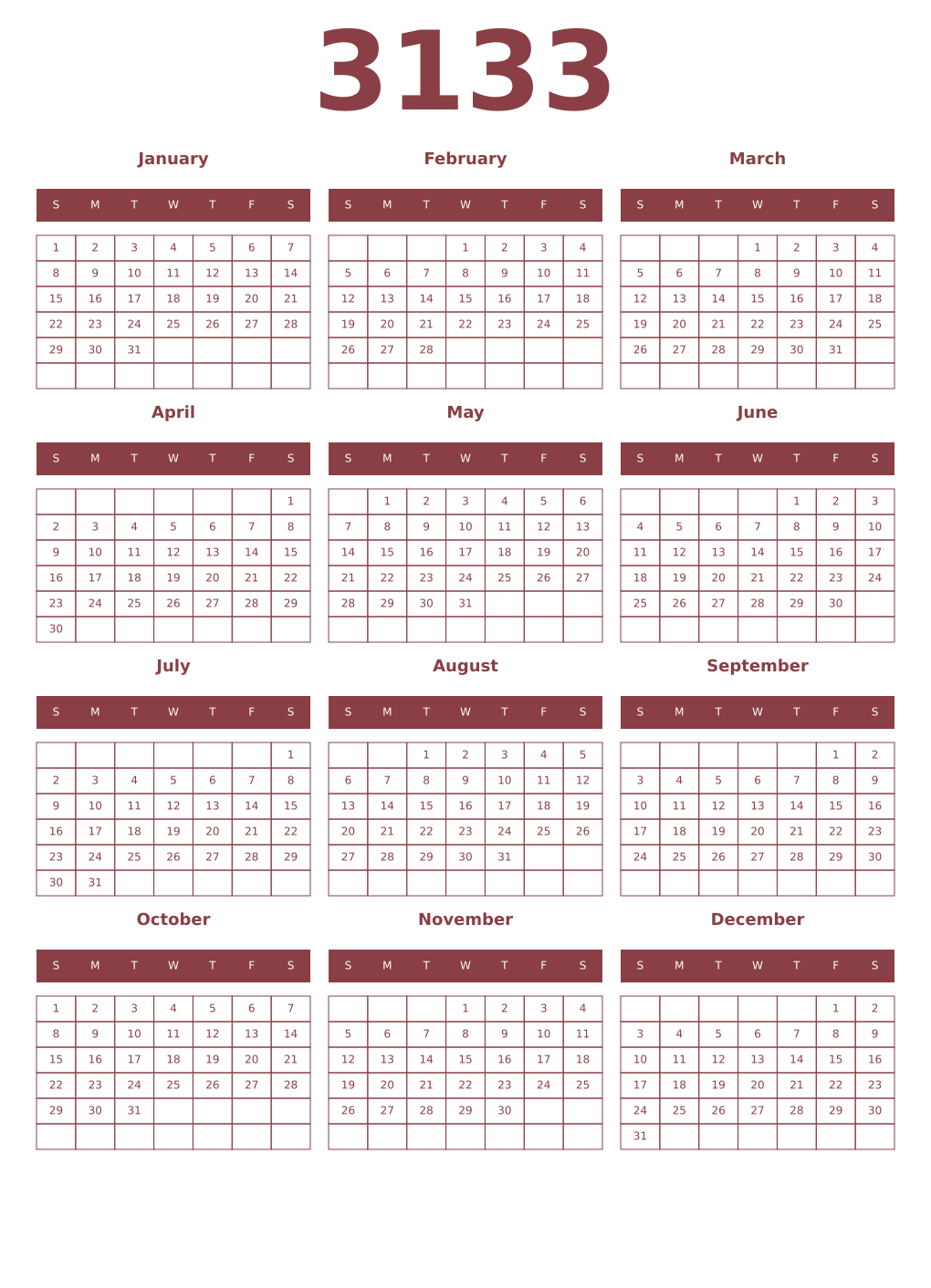 Printable 3133 Year Calendars cordovan