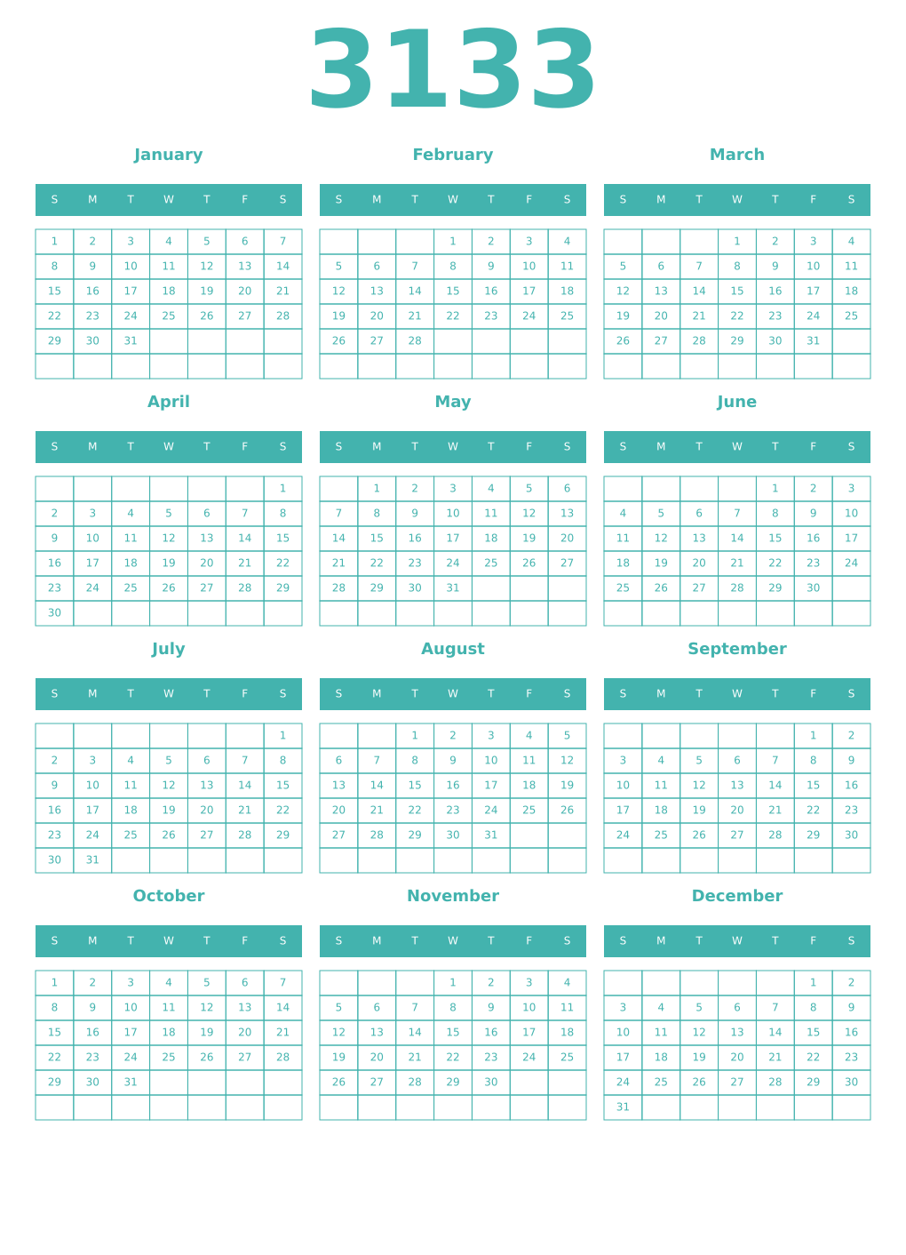 Printable 3133 Year Calendars verdigris