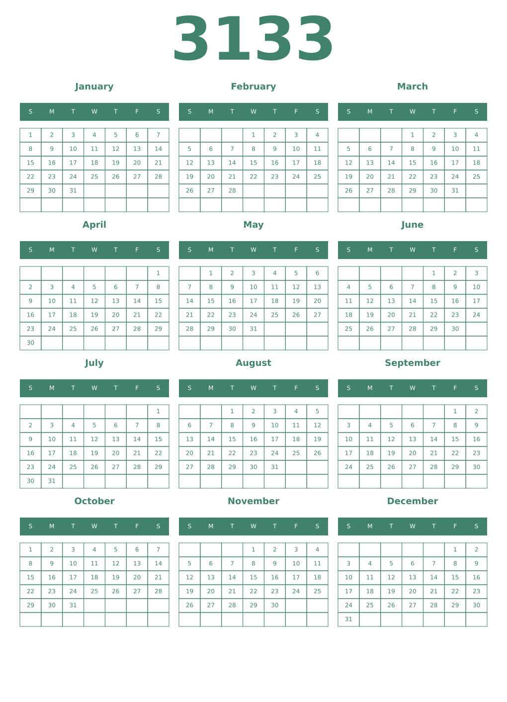 Printable 3133 Year Calendars viridian