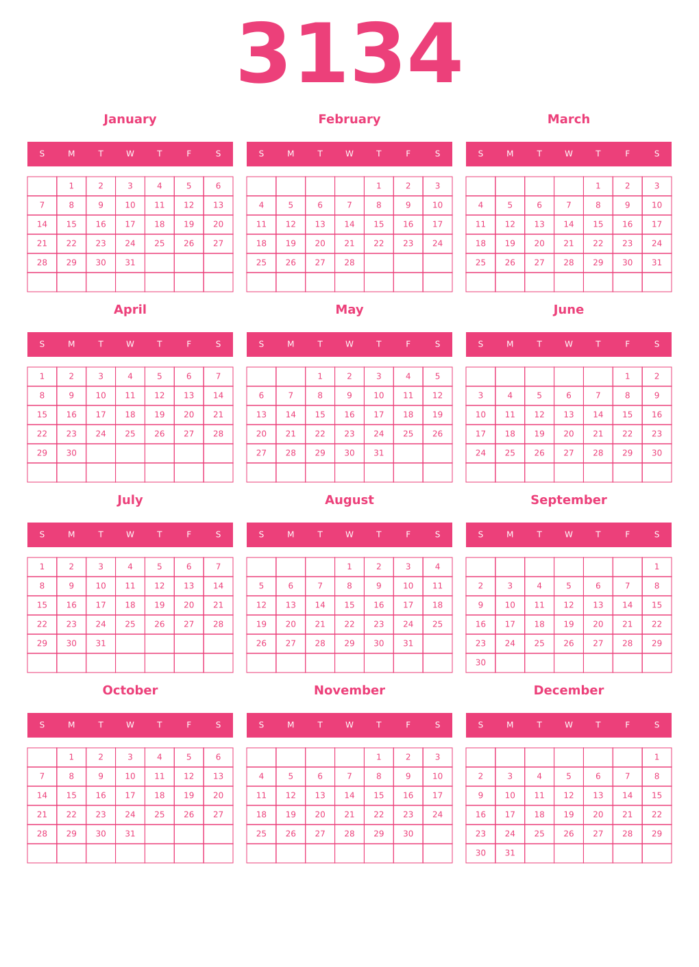 Printable 3134 Year Calendars pink