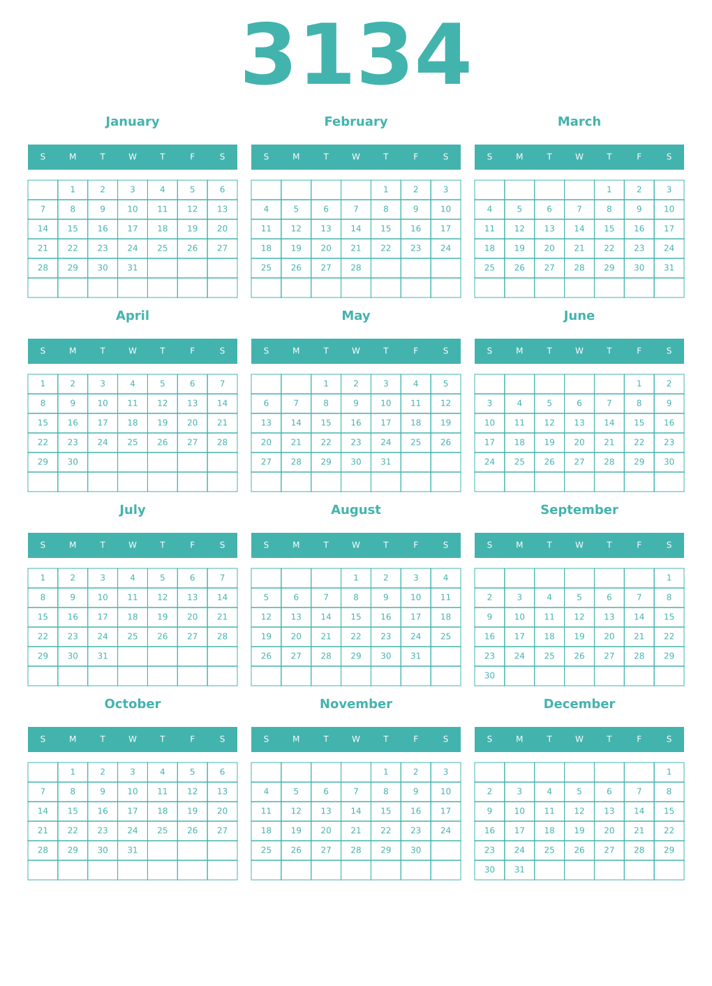 Printable 3134 Year Calendars verdigris