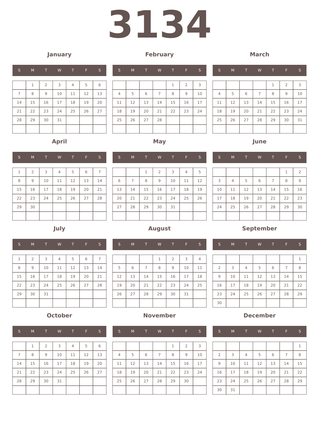 Printable 3134 Year Calendars wenge