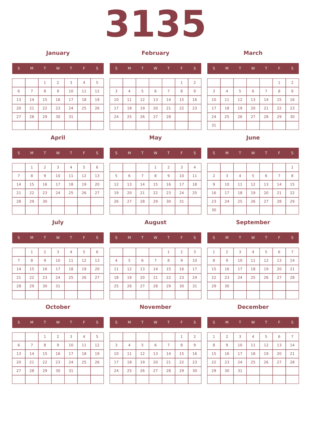 Printable 3135 Year Calendars cordovan