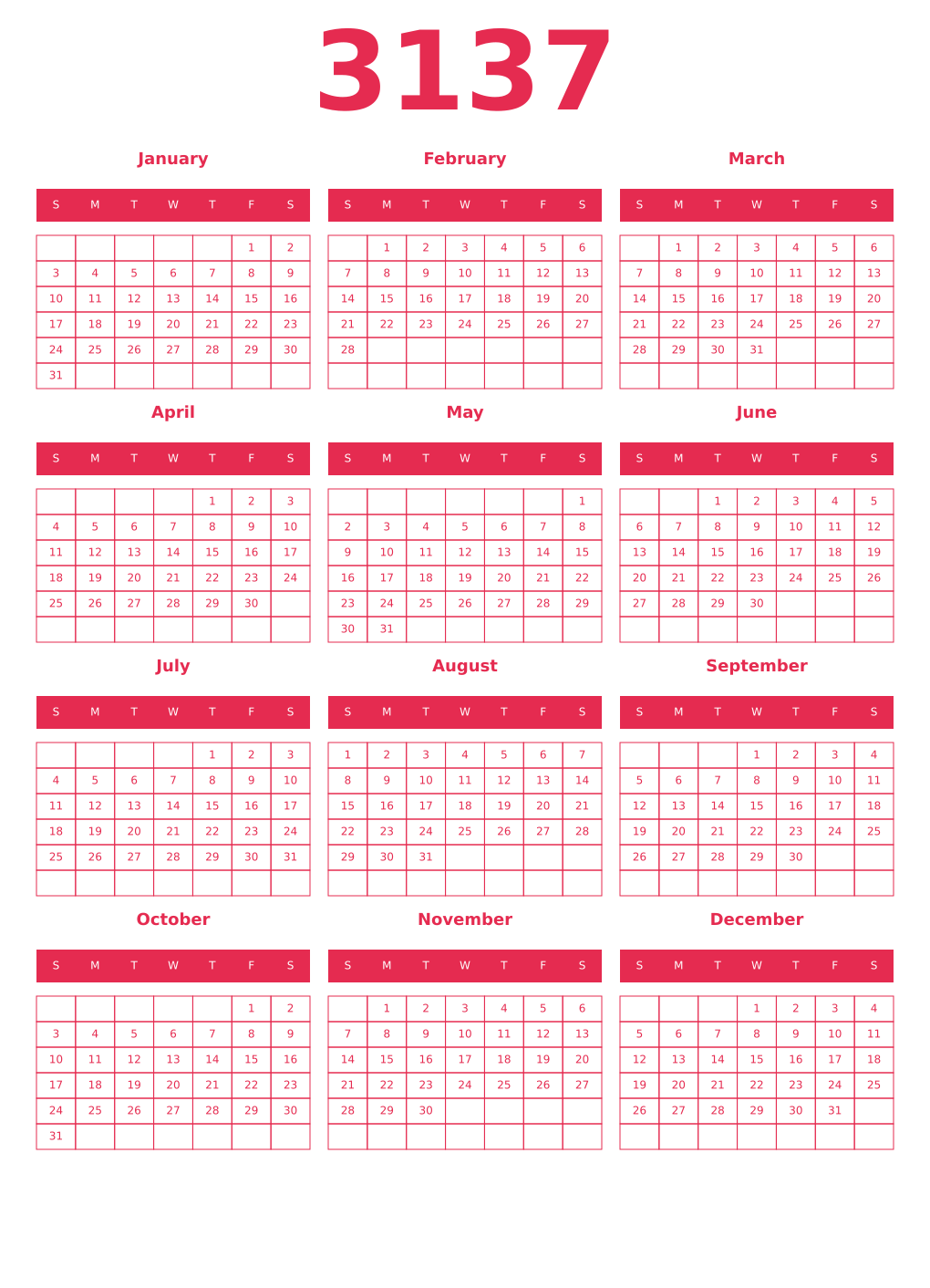 Printable 3137 Year Calendars amaranth